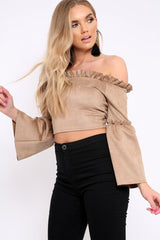 Camel Faux Suede Crop Bardot Top - Torri