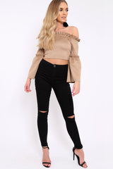 Camel Faux Suede Crop Bardot Top - Torri