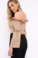 Camel Faux Suede Crop Bardot Top - Torri