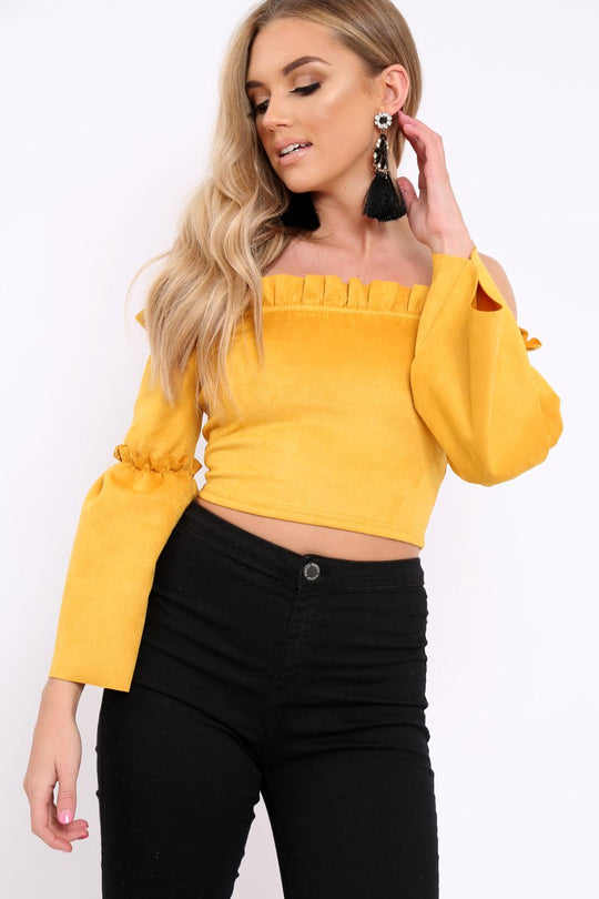 Mustard Faux Suede Crop Bardot Top - Torri