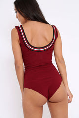 Wine Ribbed Bodysuit with Sport Trim - Tracey