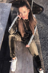 Khaki And White Stripe Velour Cropped Tracksuit - Deymi