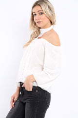 White Halter Neck Lace up Front Top- Triana