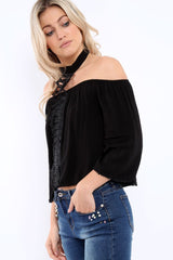 Black Halter Neck Lace up Front Top- Triana