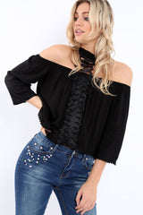 Black Halter Neck Lace up Front Top- Triana