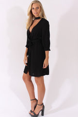 Black High Neck Plunge Tie Waist Dress - Trinity