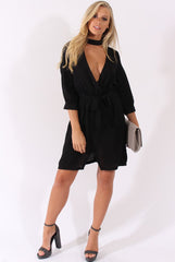 Black High Neck Plunge Tie Waist Dress - Trinity