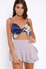 Blue Floral Print Satin Tie Front Crop Top - Trinnie