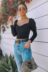 Black Puff Sleeve Sweetheart Neckline Crop Top - Tomi
