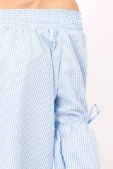 Blue Checked Bardot Bell Sleeve Top - Trixie