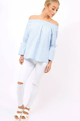 Blue Checked Bardot Bell Sleeve Top - Trixie