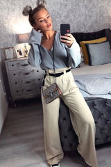 Nude High Waist Paper Bag Buckle Belt Trousers - Ivyonna