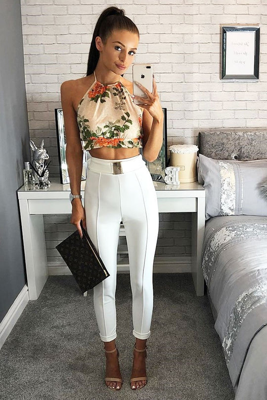 Cream Floral Halterneck Backless Crop Top - Aarin