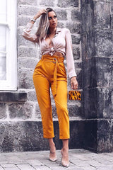 Mustard Tapered Belted Cigarette Trousers - Myasia