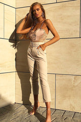 Sand Scalloped Lace Satin Bodysuit - Jeriah