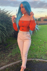 Rust Button Front Puff Sleeve Crop Top - Analiese