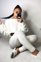 Cream Cable Knit Batwing Jumper Loungwear Set - Janea