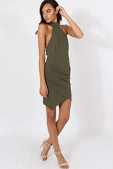 Khaki High Neck Side Ruched Backless Dress - Tulip