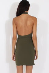 Khaki High Neck Side Ruched Backless Dress - Tulip