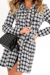 Black And White Tweed Gold Button Longline Jacket - Madalynn