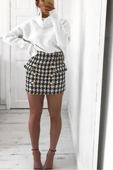 Black and White Check Button Front Skirt - Dalena