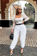 White Ruched Body Mesh Sleeve Bodysuit - Amylee