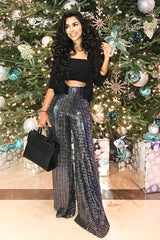 Black Glitter Wide Leg Trousers - Jalessa
