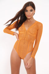 Orange Lace Long Sleeve Open Back Bodysuit - Temari