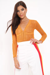 Orange Lace Long Sleeve Open Back Bodysuit - Temari