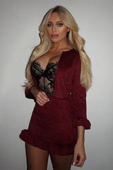 Wine Suedette Frill Hems Jacket - Elsa