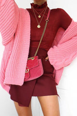 Wine Suedette Top with High Frill Neck - Lorelai