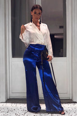 Royal Blue Satin High Waist Flare Trousers -Tisha