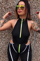 Black Lime Ring Zip Cycling Short Bodysuit Co-ord - Issi