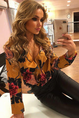 Mustard Flower Print Plunge Satin Bodysuit - Madelynn