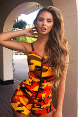 Orange Camo Front Zip Utility Buckle Playsuit - Rosia