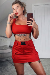 Red Buckle Cargo Skirt and Crop Top Co-ord - Naliyah