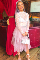 Pink Layered Tulle Midi Skirt - Laveta
