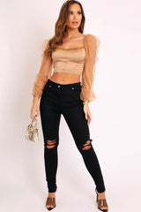 Gold Satin Mesh Sleeve Ruched Detail Crop Top - Rya