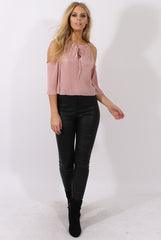 Pink Pleated Drawstring Halter Cold Shoulder Top - Dixie