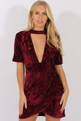 Wine Crushed Velvet Choker Plunge Dress - Sonia