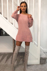 Pink Bell Sleeve Extreme Hem Chunky Knit Jumper Dress - Paige