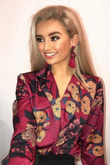 Wine Flower Print Plunge Satin Bodysuit - Madelynn