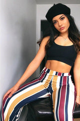 Wine Multi Stripe Wide Leg Trousers - Mitzy