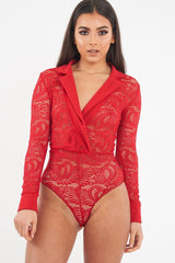 Red Sheer Lace Plunge Long Sleeve Bodysuit - Janica