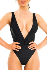 Black Extreme Plunge Belted Swimsuit - Elvi