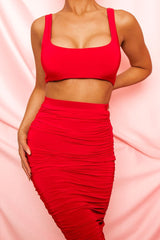 Red Slinky Bralet and Ruched Midi Skirt Co-ord - Valentia