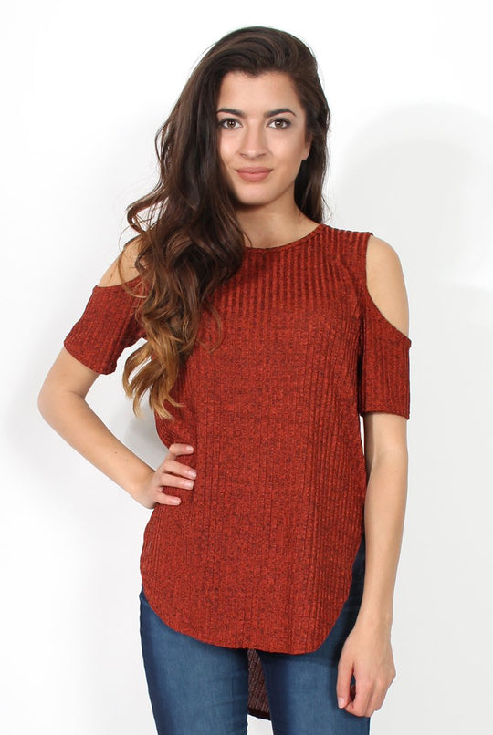 Valentina Orange Cut Out Shoulder Ribbed Top
