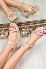 Silver Espadrille Wedge Sandals - Valentina