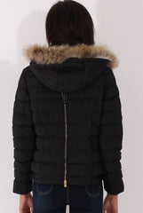 Black Quilted Coat with Faux Fur Hood - Vega