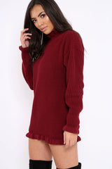 Wine Knitted Ruffle Jumper Dress with Elasticated hems - Velma